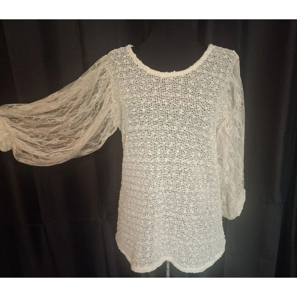 A'Reve Lace Puff-Sleeve crochet top ivory whimsygoth fairycore festival sz L